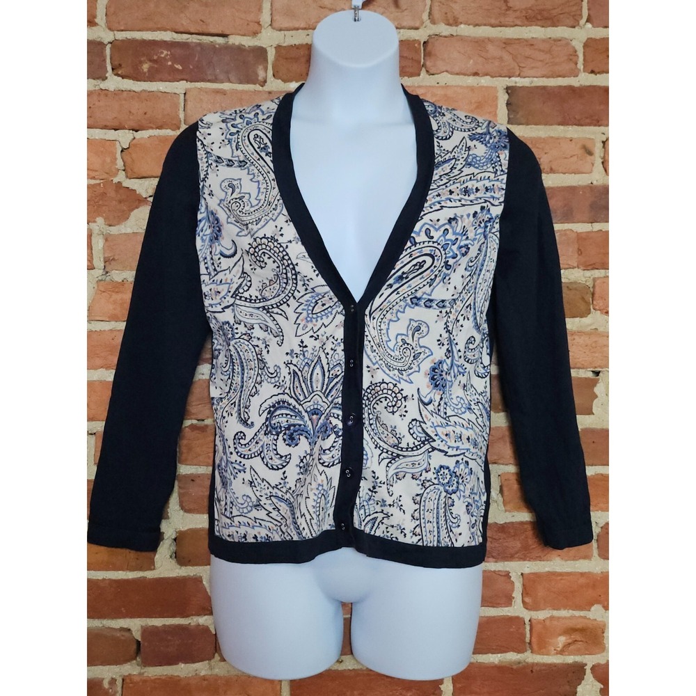 Pendleton Cardigan Sweater Womens Medium Navy Blue Paisley‎ Silk Button Front